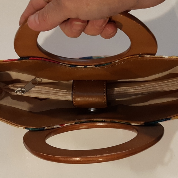 Vintage RARE Relic 1992 Collection Wood Handle With Floral Canvas Crossb Satchel - Picture 9 of 12